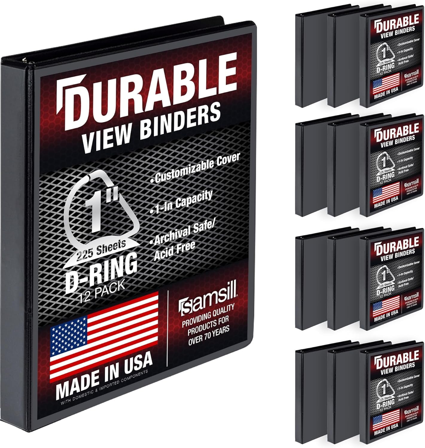 Durable 1 Inch D Ring Black Binder/Customizable Clear View Binder/Bulk Binder 12 Pack/Black 3 Ring Binder/One Inch Binder